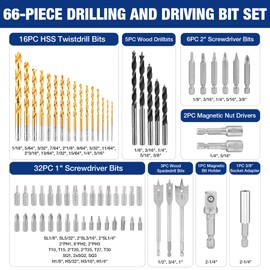 WORKPRO Drill Bit Set, 66-Pieces Impact Driver Bits Set and Screwdriver Bits Set for Screw Driving and Wood Metal Drilling with Storage Case, 1/4" Hex Shank