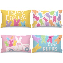 GEEORY Happy Easter Hello Peeps Throw Pillow Covers 12x20 Inch Set of 4, Rabbit Truck Bunny Spring Decorative Farmhouse Holiday Cushion Case for Home Decoration G683-12