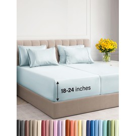 Extra Deep Split King Sheet Set - 7 Piece Breathable and Cooling Sheets - Hotel Luxury Bed Sheets Set - Easy Fit - Soft, Wrinkle Free and Comfy Sheets Set - Ice Blue Sheet Set with Extra Deep Pockets