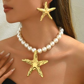 HWJQ 2 Pcs Big Starfish Necklaces Earrings Set Large Starfish Pearl Choker Necklace Chunky Sea Star Dangle Earring for Women Summer Vacation Jewelry Gifts, Middle, Alloy Steel, No Gemstone