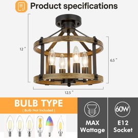 2 Pack Farmhouse Semi Flush Mount Ceiling Light Fixture, 12.5 Inch 4-Light Rustic Ceiling Mount Light Fixtures, Round Brown Wood Finish Flush Mount Lights for Kitchen Bedroom Hallway Dining Room