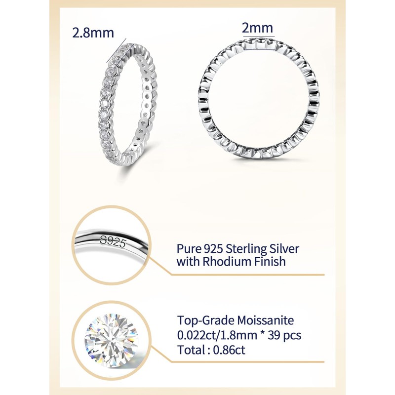 Stackable Eternity Bling Ring Sterling Silver Moissanite Thin Finger Ring