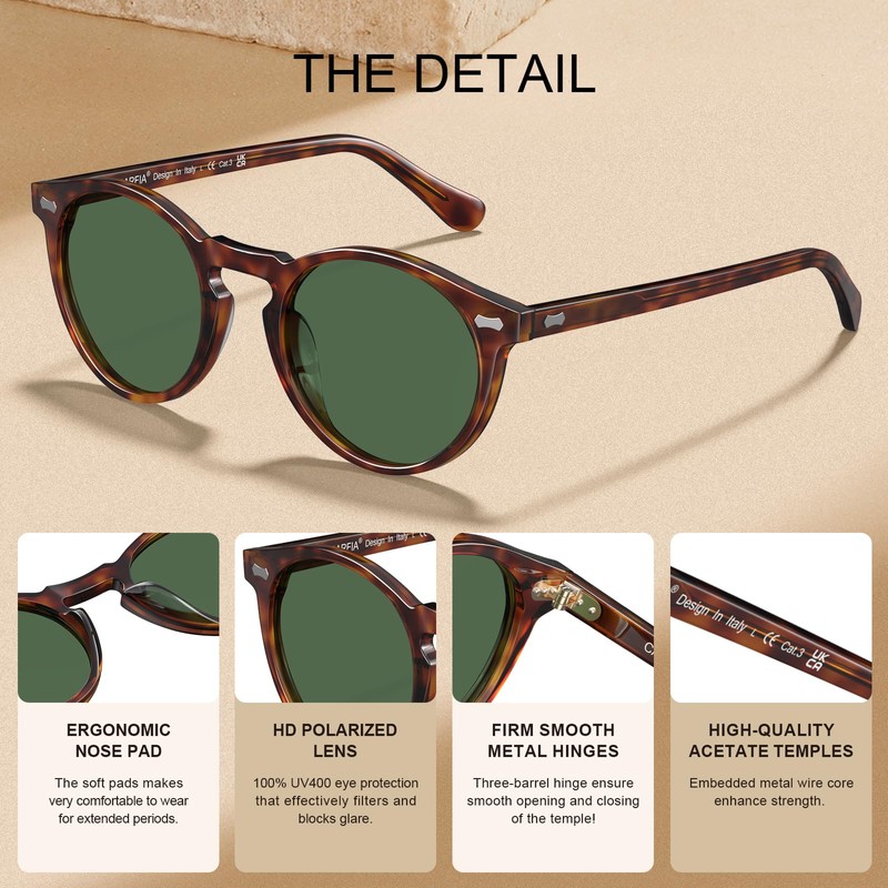CARFIA Vintage Polarized Sunglasses for Men UV400 Protection Hand-polished Acetate