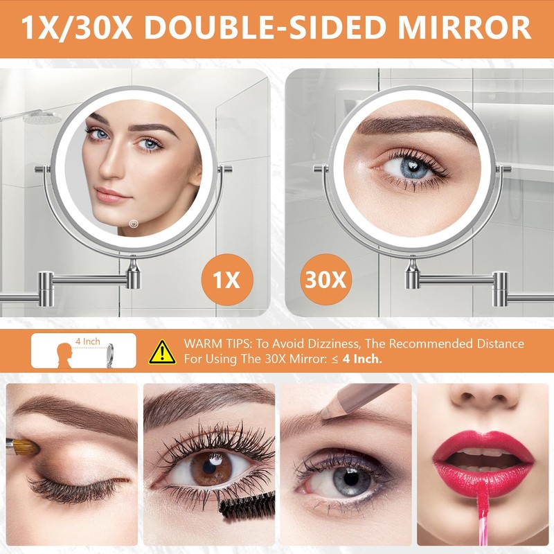 Auxmir 1X/30X Wall Mounted Makeup Mirror with Light, 8" Rechargeable