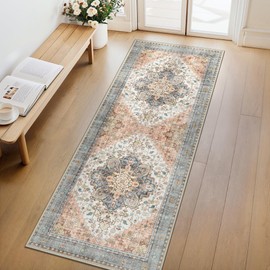 GENIMO 2x5 Runner Rugs for Hallway, Machine Washable Non Slip Vintage Retro Rugs, Low Pile Lightweight Soft Print Rug for enrtyway, Corridor, Home Office, Kitchen, Blue Brick Red