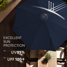 wikiwiki 11FT Solar Led Patio Umbrella with Base, Sturdy Outdoor Market Umbrella for Deck, Pool, Garden w/Tilt, Crank, 32 LED Lights, Navy Blue