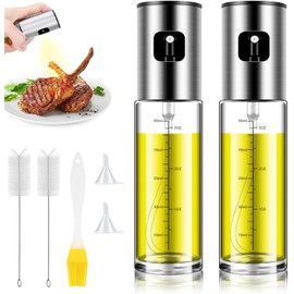 Dispensador de Aceite de Cocina 100ml, Pulverizador de Aceite de Oliva y Vinagre, Atomizador de Aceite Botella de Vidrio Transparente de Acero Inoxidable con Embudo y Pincel para Cocinar Ensalada BBQ
