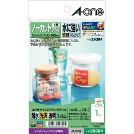 A-One 29394 Label Stickers, Waterproof, Glossy Film, Transparent, Postcard Size, No Cut, 4 Sheets
