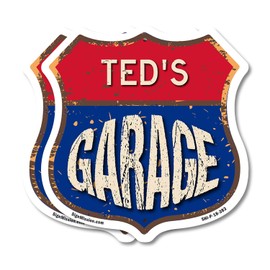 Ted's Garage (2 Pack) 18 inch X 18 inch Shield Shaped Commercial Grade Plastic Signs Weather Resistant, UV Protected To last, Gift for Dads and Uncles Classic Americana Crafted in the USA