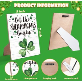 St Patricks Day Wooden Table Sign, Let the Shenanigans Begin, 5 x 7 Inch Irish Home Wall Decor, Shamrock Sign, St Patricks Day Decor for Home Office Bedroom - DF04
