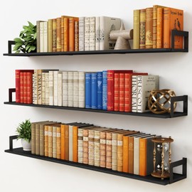 Harwaya 48 Inch Floating Shelves for Wall Set of 3, Long Wall Book Shelves for Bedroom Living Room, Large Vintage Floating Bookshelf for Office Classroom Library Kitchen Closet Organizer (Black)