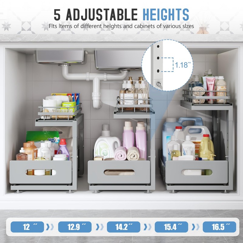 Biboraya 2 Pack Under Sink Organizer Upgrade to Professional Rails,2-Tier