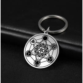 EUEAVAN Metatron Cube Necklace for Men Sacred Geometry Pendant Seals of Archangel Angel Saint Michael Statement Keychain Spiritual Protection Talisman Religiou Jewelry, Metatron Keychain Silver, M