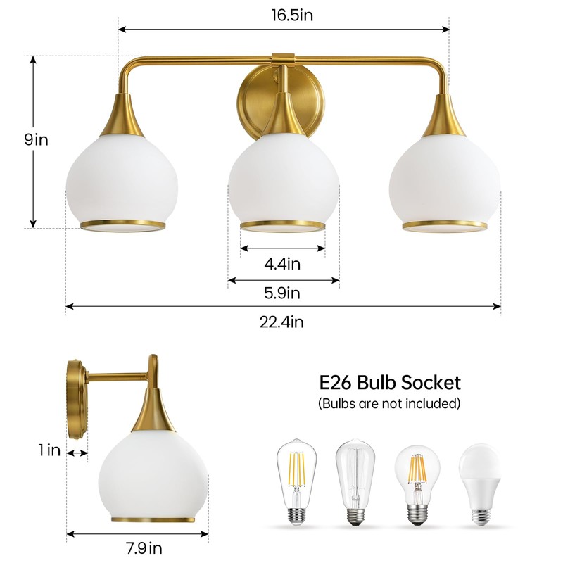 HAHZT Brushed Gold Bathroom Light Fixtures 3-Lights Vanity Lights with