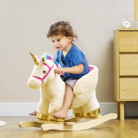 Qaba Kids Rocking Horse, Ride on Unicorn with Realistic Sound, Safety Belt, Wooden Base, Plush Rocking Horse for Toddler 18-36 Months, Cream White