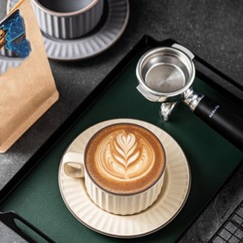 XingXingShunShun Cappuccino Cups with Saucers, 8 oz CeramicVertical Stripe Coffee Cup and Saucer set for Au Lait, Double shot, Latte, Cafe Mocha, Set of 4