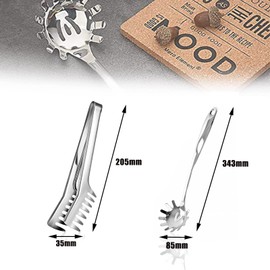 Spaghetti Server Set, Stainless Steel Spaghetti Tongs, Stainless Steel Pasta Spoon, Dishwasher Safe for Baking and Cooking Pasta, Also Suitable for Salads (Set of 2, Silver)