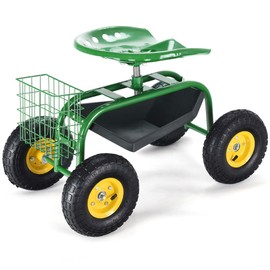 Giantex Garden Cart Rolling Tray Gardening Planting with Work Seat and Basket Outdoor Work Cart on Wheels Green