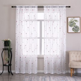 Taisier Home Floral White Sheer Curtains Flower Print Vine Embroidery Bedroom Curtain Rod Pocket Voile Window Curtains for Living Room, 52 x 72 inches Long, Set of 2 Panels,Red Buds with Green Branch