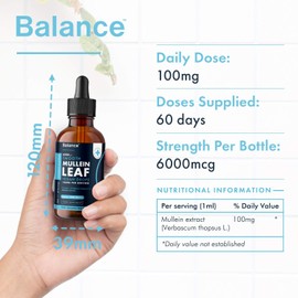 Balance Mullein Leaf Liquid Drops - 60ml (2 Month Supply) - High Strength 6,000mg per Bottle - Premium Mullein Leaf Extract - 60 Servings - Fast Absorption Sublingual Formula - Vegan - Made in the UK (1 Pack)