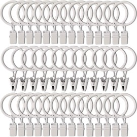 AMZSEVEN 40 Pack Curtain Rings with Clips, Drapery Clips with Rings, Drapes Rings 1.26 in Interior Diameter, Fits up to 1 in Curtain Rod, White