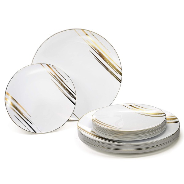 " OCCASIONS " 50 Plates Pack (25 Guests)-Wedding Party Disposable Plastic Plate Set -25 x 10.25'' Dinner + 25 x 7.5'' Salad & Dessert plates (Dali in White & Gold)