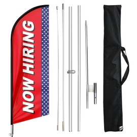 FSFLAG Now Hiring Feather Banner, Advertising Swooper Flag Pole Kit and Ground Stake, Business Signs 11 Feet (Red)