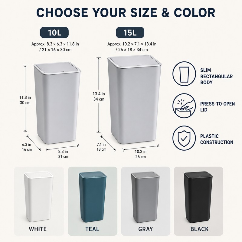 Press-Type Plastic Trash Can with Lid, 10L/15L Slim Rectangular Waste