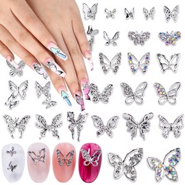 DANNEASY 26pcs 3D Silver Butterfly Nail Charms Hollow Nail Butterflies Alloy Jewels Charms for Nails Flat-Back Nail Rhinestone Crystal Gem Diamond Nail Studs Nail Decoration for Nail Art