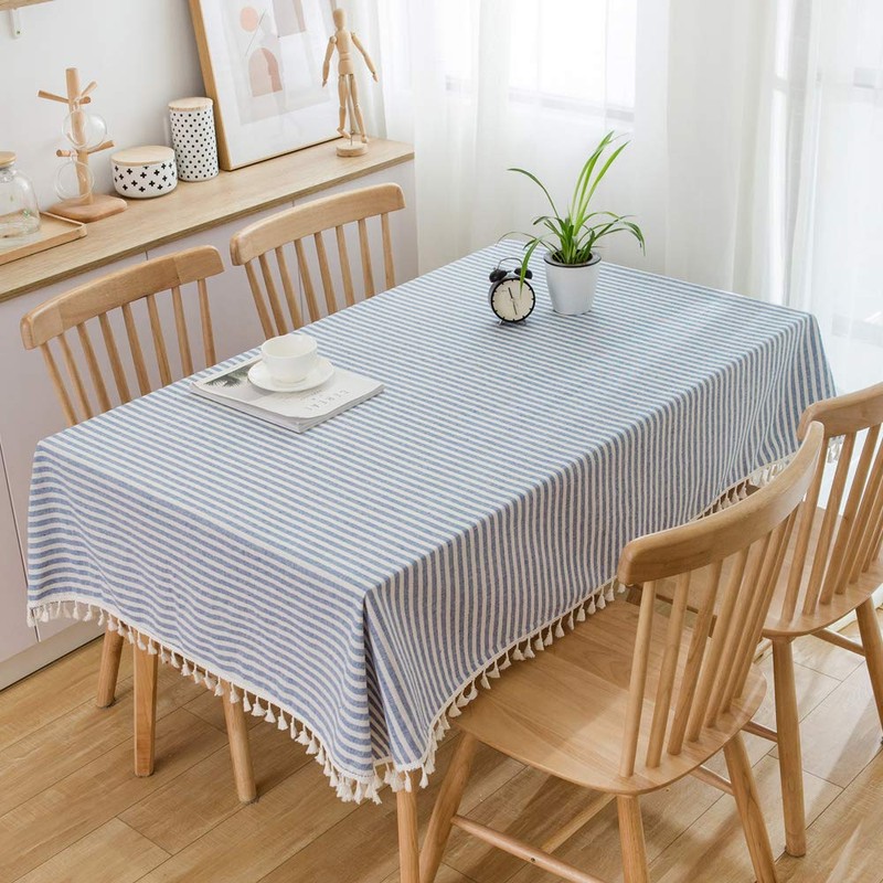 Plenmor Cotton Linen Table Cloth Stripe Tassel Square Tablecloth Dust-Proof