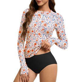 Women's Rash Guard Swim Top Long Sleeve Bathing Suits Modest Athletic Surf Swimwear, Orange Flower 2XL