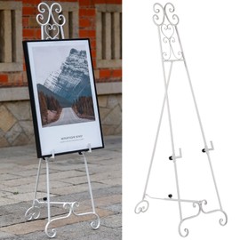 Metal Free Standing Adjustable Display Stand Scroll Easel with Chain Support, White Easel Stand for Sign, Wedding, Picture Frame. (No Installation Required)