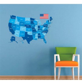 United States of America Flag and Map Blue Colored American Map USA Flag Vinyl Wall Art Wall Decal Baby Girls Boys Kids Bedroom Wall Decal Room Decor Wall Stickers Decoration Size (20x18 inch)