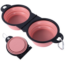 SLSON SLSON Collapsible Dog Dual Bowls Reinforced Rim 180 Degrees Flip Over Foldable Double Bowl with Lock Clips More Stable Dog Travel Bowls Pet Food Water Feeder (Light Pink)