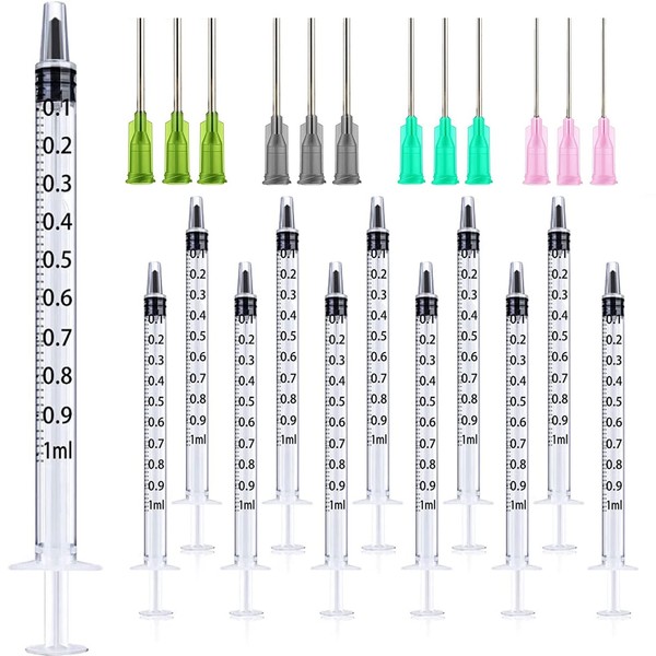 TOUFEIYUAN 12枚1mlシリンジ 注射器、14G、16G、18G、20G針付き、 液体測定シリンジツール。科学実験室、給餌ペット、オイルまたは接着剤アプリケーター用 (1ML12枚+4種類のサイズの針)