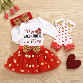 XFGLCK Newborn Baby Girls Valentine’s Day Outfit Letter Print Bodysuit Romper +Tutu Skirt +Leg Warmers+ Headband Clothes Set (Skirt outfit red, 0-3 Months)