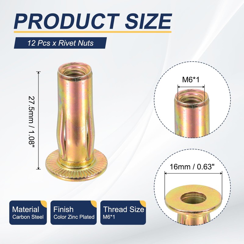 PATIKIL 12 Pcs Multi-Grip Rivet Nuts, M6 Pre-Bulbed Shank Flat