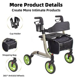 Rollator Walkers for Seniors- Rollator Walker with Cup Holder- Easy Folding Senior Walker with Backrest- Lightweight Mobility Walking Aid for Adult Elderly, Aluminum Frame, Champagne