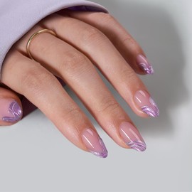 BTArtbox French Tip Press On Nails - Lamp-Curable Chrome Short Almond Press On Nails with Glue for Women, Semi-Transparent Soft Gel Glue On Nails in 16 Sizes - 32 Stick On Nails Kit, Mermaid Tail