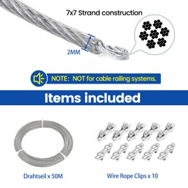 50 m 2 mm wire rope, 304 stainless steel wire rope, steel cable coated with 10 wire rope clamps, stainless steel rope, PVC coated, wire rope, tension wire, curtain rope, washing line for climbing