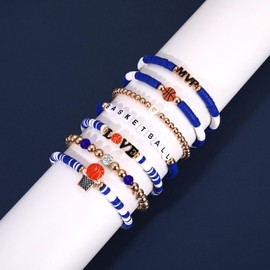 YAHPERN 7 Pack Basketball Bracelets for Women Stackable Heishi Beaded Friendship Bracelets Game Day Basketball Outfits Accessories Party Favors Gifts (Blue White)