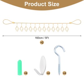 uxcell 2pcs Steel Wall Hanging Photo Display Cable Wire Rod with 24 Rhombus Clips, 5Ft Hanging Picture Frames Collage Wall Decor for Hanging Photos Notes Postcard Art Gold