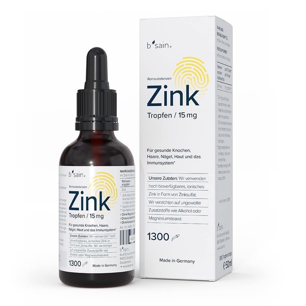 b'sain Zinc Drops. 1300 drops with 15 mg zinc per 10 drops (daily dose). 100% vegan and free from gluten, lactose and soy