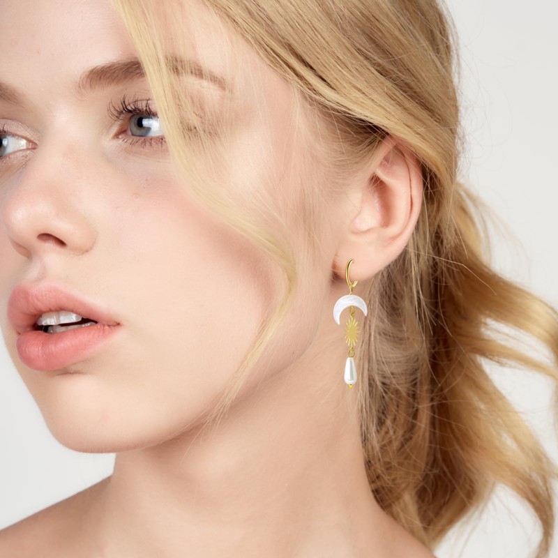 Pearl and Gold Sun Moon Drop Earrings, Shell Crescent Dangle