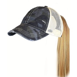 C.C Ponycap Messy High Bun Ponytail Adjustable Mesh Trucker Baseball Cap Hat, Camo Black