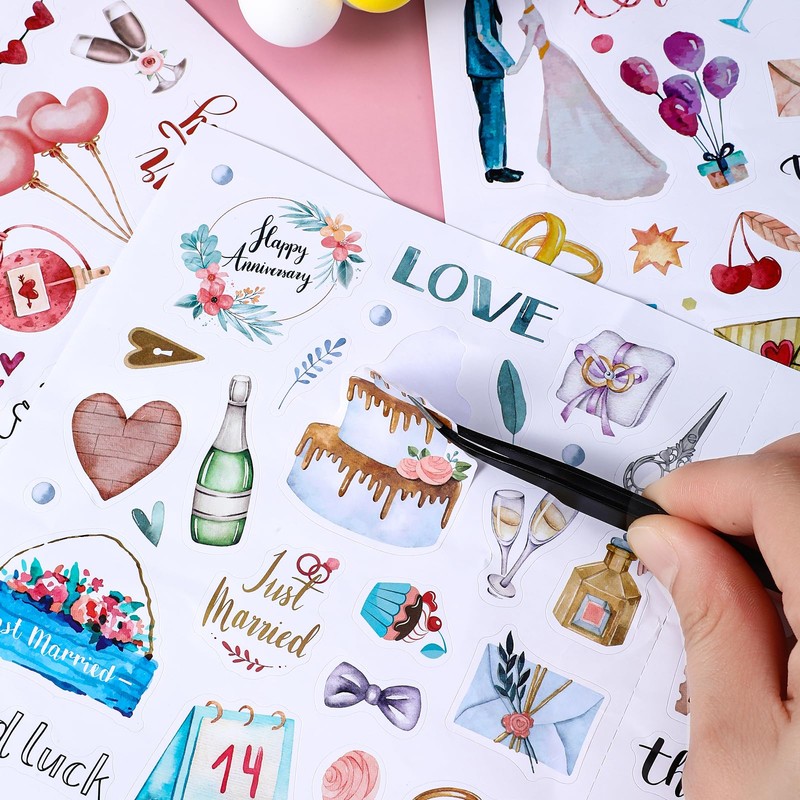 4 Sheets 230 Illustrations Wedding Scrapbook Stickers, Transparent Waterproof Stickers