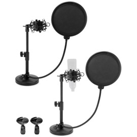 QWORK Desktop Adjustable Microphone Stand with Double Layer Pop Filter, Universal Shock Mount, Metal Screw Adapter - Compatible with Blue Yeti, AT2020, HyperX QuadCast - Streaming and Recording 2 Pack
