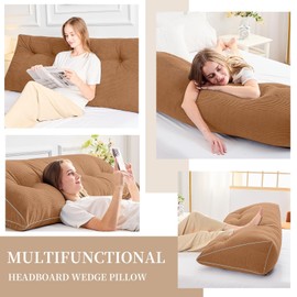Sasttie Headboard Pillow King, Wedge Pillow Headboard for Sitting Up in Bed, Back-Rest Support Triangular Cushion for Reading - Features Removable Washable Cover, Caramel