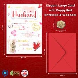 Husband Valentines Day Card with Luxury Wax Seal – Elegant Gold and Red Foil Card "For My Wonderful Husband" – Large 22x15.5 cm – Valentines Card for Him - Valentines Card for Husband – 350 GSM
