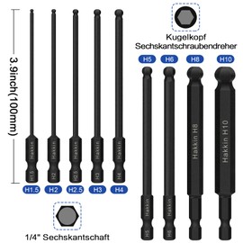 Hakkin 100 mm 9 Piece Ball Head Hex Screwdriver Ball End Hex Bit Set with Handle 1/4 Inch S2 Magnetic Screwdriver Hex Socket Set 1.5/2/2.5/3/4/5/6/8/10 mm for Cordless Screwdrivers